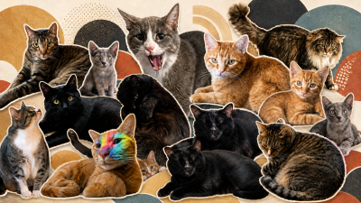 Collage of 15 resident and MRG team cats arranged against a colorful abstract background.