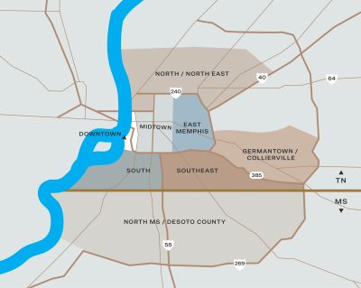 Illustrated neighborhood map of Memphis apartments locations including Downtown, Midtown, East Memphis, North, South, Southeast, Germantown, Collierville, and North MS DeSoto County