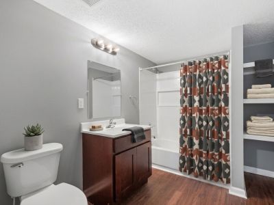 Staged bathroom featuring grey walls, a dark wood vanity, built-in linen shelving, and a bold geometric shower curtain at Annie's Townhomes and Apartments in Memphis.