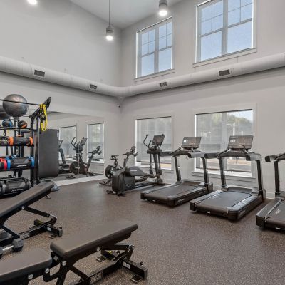Resident fitness center at The Park Memphis apartments with high ceilings, large windows, treadmills, ellipticals, weight bench, and full rack of free weights and exercise equipment