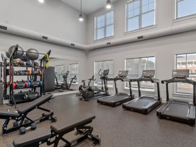 Resident fitness center at The Park Memphis apartments with high ceilings, large windows, treadmills, ellipticals, weight bench, and full rack of free weights and exercise equipment