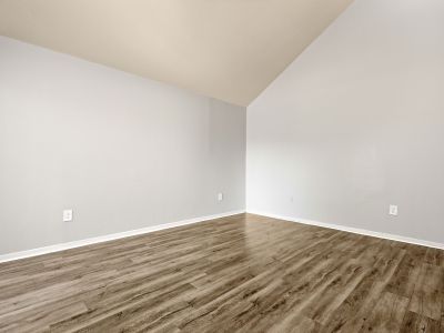 Unfurnished room highlighting a high vaulted ceiling, light neutral walls, and grey wood-patterned vinyl flooring at The Birches Townhomes in South Memphis