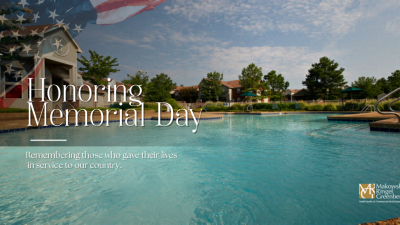 Memorial Day tribute banner featuring an American flag graphic overlaid on an apartment community swimming pool.