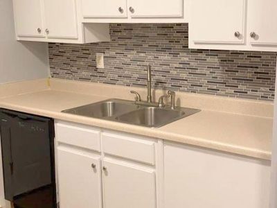Kitchen counter area detailing a double-basin stainless steel sink, a black dishwasher, white cabinetry, and multi-toned mosaic tile backsplashes at Center Court Apartments in Collierville, TN.