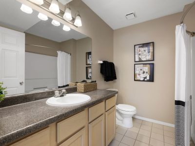 Bright apartment bathroom with a long vanity countertop, light wood cabinetry, a large mirror, and neutral beige walls at Champion Hills in Memphis