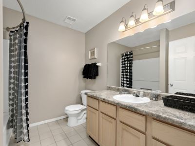 Full bathroom interior showcasing a wide vanity mirror, ample counter space, and light wood cabinets at Champion Hills apartments in Memphis.