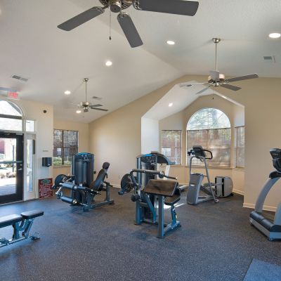Community fitness center featuring modern workout machines, a treadmill, elliptical, and weight bench at Champion Hills apartments in Memphis