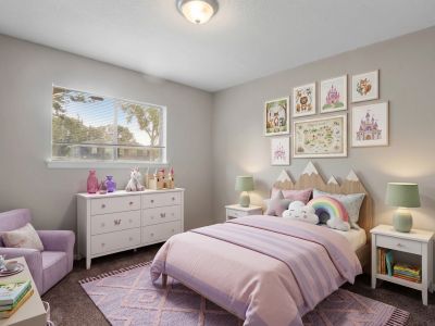 Virtually staged kids' bedroom featuring a mountain-shaped headboard, pastel purple bedding, and matching gallery wall art at Cherry Creek apartments in Memphis.