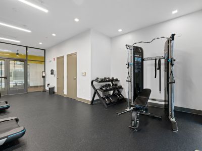 On-site fitness center training room with a multi-tier dumbbell weight rack and a functional cable machine at Madison@McLean Midtown apartments in Memphis.
