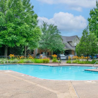 View of a curved, crystal-clear outdoor swimming pool enclosed by a black metal safety fence and lush green trees, bordered by vibrant orange daylilies along the pool deck.