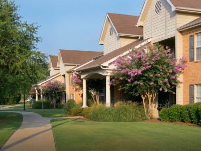A smooth, winding concrete sidewalk paths through a wide green courtyard common area, passing by residential buildings accented with beautiful purple flowering trees.