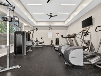 A fully equipped on-site fitness center room featuring black rubber flooring, commercial treadmills, ellipticals, a True brand cable weight machine station, a wall clock, and a mounted flat-screen TV.