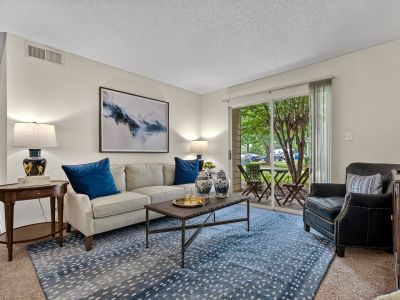 Comfortable apartment living room featuring a neutral sofa with deep blue accent pillows, a blue geometric area rug, a dark leather armchair, and a sliding glass door opening to a private patio at The Magnolias apartments in Hernando, MS.