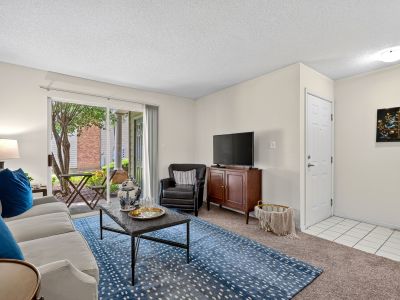 Open living room layout highlighting a blue patterned area rug, comfortable seating, a television setup, a sliding glass door to a patio, and a tiled front entry doorway at The Magnolias apartments in Hernando, MS.