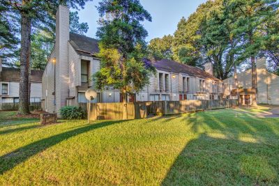 Sunny green lawn and mature pine trees in front of two-story residential buildings at Pinewood Manor apartments and townhomes in Memphis.