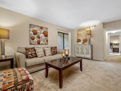 Cozy living room featuring neutral carpet, a comfortable sofa, and a sliding glass door at Rocky Creek Apartments in Southaven, Mississippi