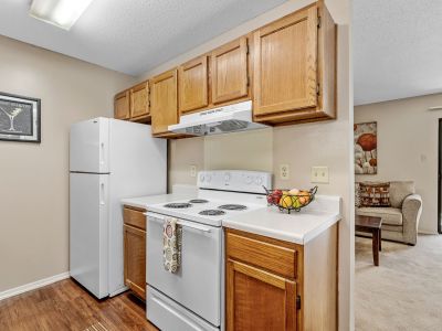 Kitchen view showing a white stove and refrigerator with oak cabinetry at Rocky Creek Apartments in Southaven, Mississippi.