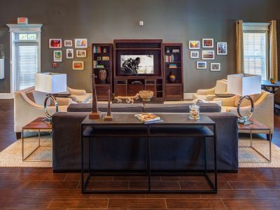 Spacious resident clubhouse lounge with a flat-screen TV, comfortable sofas, and a gallery wall at The Signature at Schilling Farms apartments in Collierville
