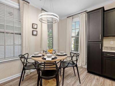 Intimate dining area featuring a round wooden table, black chairs, and a ring chandelier at The Signature at Schilling Farms apartments in Collierville near Memphis.