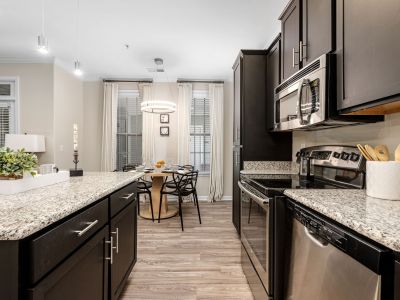 Close-up of granite kitchen counters, stainless steel appliances, and dark cabinetry at The Signature at Schilling Farms apartments in Collierville near Memphis.