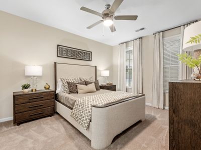 Staged primary bedroom with an upholstered bed frame, dark wood nightstands, and large windows at The Signature at Schilling Farms apartments in Collierville near Memphis.
