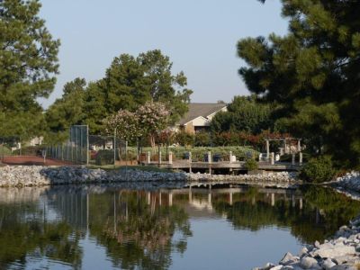Scenic community lake with rock borders reflecting mature trees and a wooden bridge at Southcrest Lake Apartments in Southaven