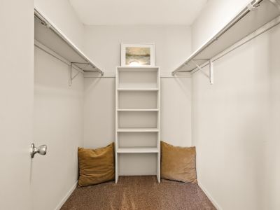 Walk-in closet featuring carpeted flooring and built-in white shelving organizer units at Southcrest Lake Apartments in Southaven,