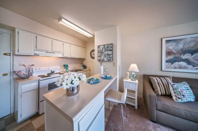 Compact kitchen setup open to a cozy living space with a breakfast bar at Edison Park apartments in downtown Memphis.