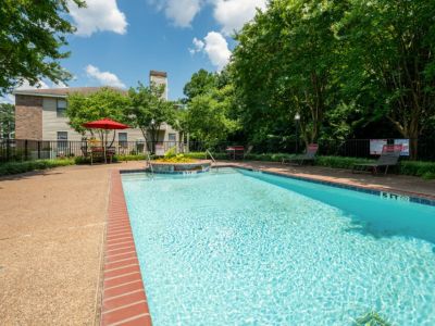 Rectangular outdoor pool framed by concrete decking and mature green trees at The Ellington at Kirby apartments in Memphis.