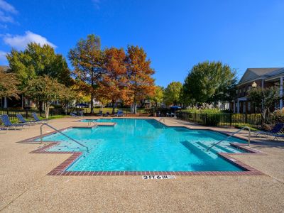 Large sparkling blue outdoor swimming pool surrounded by lounge chairs and colorful autumn trees at The Westbury apartments near Germantown.