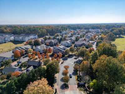 High aerial view of the expansive master-planned neighborhood and neighborhood street entries at The Westbury apartments near Germantown