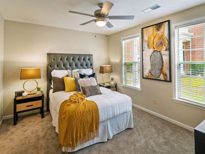 Beautifully decorated apartment bedroom featuring a tufted grey headboard, decorative throw pillows, and modern canvas wall art at The Westbury apartments near Germantown.