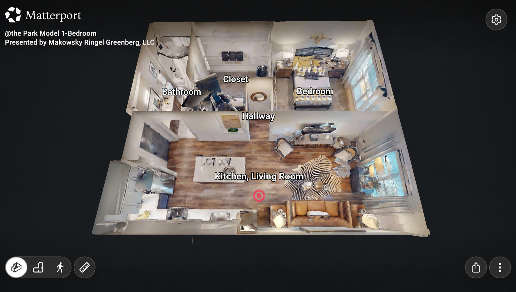 Matterport Dollhouse view of @the Park’s one-bedroom model, showing labeled rooms and furniture placement.